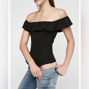 NWT Women’s Express Ribbed Ruffle Off The Shoulder Thong Bodysuit, XS, MSRP $37